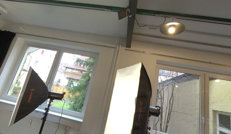 The same 360° view with the camera tilted: window sills run uphill and the ceiling fills the frame